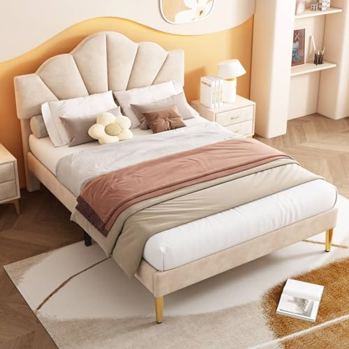 KOMHTOM Lit Rembourré Lit Plateforme avec Tête de Lit Cadre de Lit avec Sommier à Lattes en Bois Modernité Chambres à Coucher(sans Matelas) (Beige, 140x200CM)