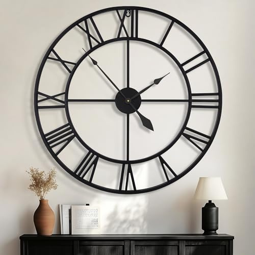 HAITANG 100CM große Wanduhr XXL, übergroß modernes rundes, schwarz Metall geräuschlos, Fast Nicht tickend Batteriebetrieben, römische Ziffern, Uhren für Wohnzimmer, Schlafzimmer Wanduhr Dekoration