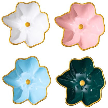 XNSHUN 4 Stück Keramik Dip Schalen Snack Schalen Set, Macaron Mini Keramik Soße Gewürzschalen Sushi Sojasauce, Stapelbar Snackschalen Gewürzschale Für Sushi, Sauce, Snacks Und Soja (Blume)