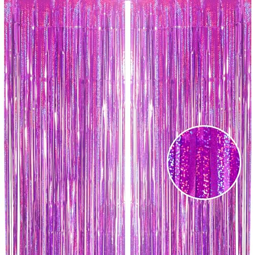 Lametta Vorhang Lila Glitzer, 2 Stück 1m x 2.5m Glitzervorhang Lametta Lila Party Vorhang Deko, Folien Fransen Lamettavorhang Fotowand Hintergrund für Geburtstag Meerjungfrau Halloween Partydeko
