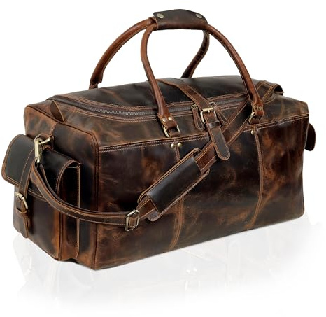 Leder Reisetasche für Männer | Wochenendübernachtungstasche | Geräumiges Hauptfach, Verstellbarer Riemen | Premium-Lederhandwerk | Große Größe von 22 x 11 x 11 Zoll