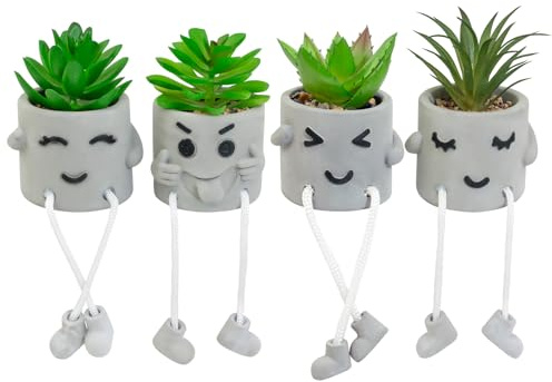 LUZOGA Set of 4 Small Faux Succulents in Cement Pots with Hanging Legs, Potted Mini Fake Plants for Desk, Office Cubicle, Kitchen, Bathroom, Wall Shelf Decor, Room & Bookshelf Ornament
