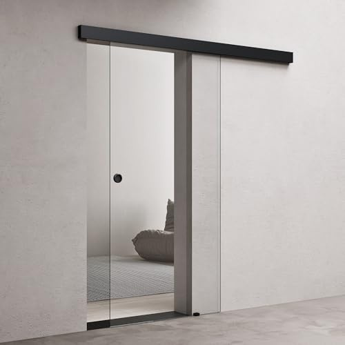 doporro Glasschiebetür Komplettset 90x205cm Zimmertür ESG-Glas Klarglas | Schiebetür mit Schwarz Muschelgriff | 15mm Wandabstand | Edelstahl Türgriff | Aluminium Abdeckblende | Amalfi-plus 19