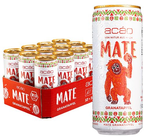 acáo Bio Mate Granatapfel (12 × 330 ml Dose) – super fruchtig, kalorienarm – Natural Energy Drink, koffeinhaltiges Erfrischungsgetränk – Mate Tee