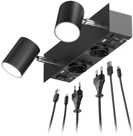 ledscom.de Wandspot WAIKA, 2-flammig, schwarz, Steckdosen, USB-C, USB-A, inkl. LED GU10 Lampen, 3-Stufen-Dimmer, je 609lm, weiß