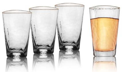 Bec's Designs Triangular Gold Rim Highball Glasses Set of 4 - Handblown Hammered Glassware Drinking Luxury High Ball Glasses for Cocktail Glasses for Bar and Everyday Use