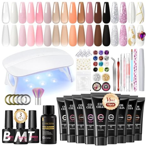 COSCELIA Gel Extensión de Uñas Kit Completo 93PCS,15 Colores 16ml Poly Uñas Gel con Lampara Uñas Semipermanentes Base Top Coat y Herramientas de Manicura,Kit Uñas de Gel Manicura para Principiantes