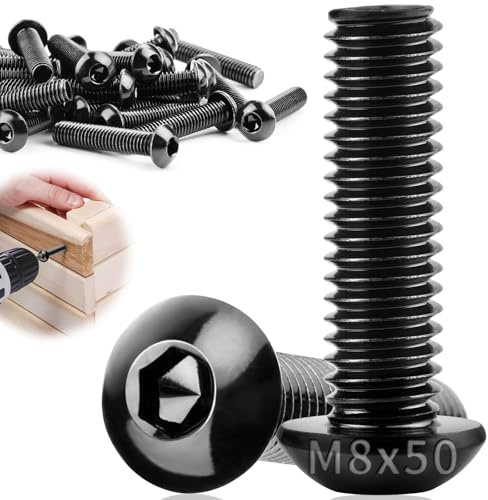 TXXATX 15 stycken linshuvudskruvar M8 x 50 mm svarta platta huvudskruvar M8 304 rostfritt stål med insexkant helgängade möbelskruvar för gör-det-själv-projekt möbelreparation montering underhåll