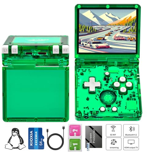 RG35XXSP Console de jeu portable RG35XX SP Clamshell Retro Console de jeu avec carte TF 64G Jeux préchargés 5532 Console de jeu portable avec écran de 3,5 Batterie 3300 mAh 5G WiFi Bluetooth HD Vert