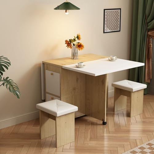 KAZZIO Esstisch-Set, (mit Esstisch, 4 Stühlen), klappbarer Esstisch,120x80x75cm, ausziehbarer Esstisch, multifunktionaler ausziehbarer Esstisch, Esszimmerstühle (Weiß+Eiche)