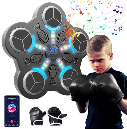 Máquina de boxeo musical Eznaobo, máquina de boxeo montada en la pared con guantes de boxeo, 3 velocidades y luz LED, máquina de boxeo inteligente con Bluetooth, máquina de boxeo para niños y adultos