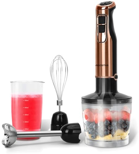 Aigostar Buckle Mélangeur à immersion 4 en 1 1000 W Couleur Gold. Mélangeur sous-marin avec 6 vitesses + Turbo. Mélangeur multifonction avec hachoir à viande de 500 ml à mesurer 600 ml et fouet sans