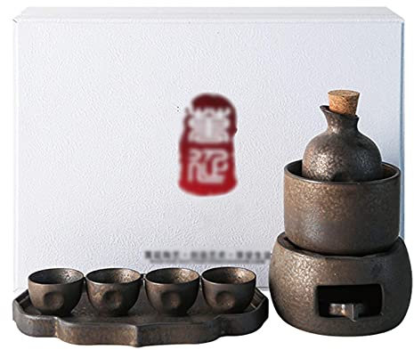 Nuovo set per sakè con scaldavivande, set caldo in ceramica da 9 pezzi, tra cui 1 fornello a candela, 1 tazza riscaldante, 1 pentola per sakè, 4 tazze per sakè, 1 portacandele e 1 vassoio, nero,
