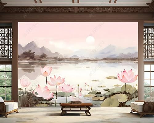 Papier Peint Intissé Paysage De Lotus Méticuleux Poster Tableaux Muraux Tapisserie Photo Trompe L'Oeil Salon Chambre Art Mural 400Cm(L) X280Cm(H)