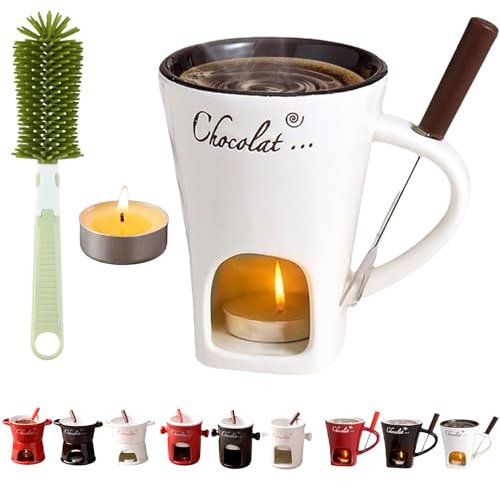 Vgpbphj Fondue Cup, Mini Ceramic Chocolate Melting Pot Set with Forks, Individual Fondue Mug, Personal Butter Warmer, Gift Set for Birthdays & Special Occasions (White-C)