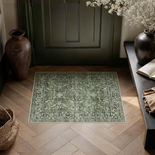 HUGEAR Vintage Fußmatte Teppich 60x90cm Grün Waschbar | Waschbarer Teppich, Weich Rutschfest, Kurzflor im Retro, für Eingangsbereich, Badezimmer Schlafzimmer, Kleiner Carpet