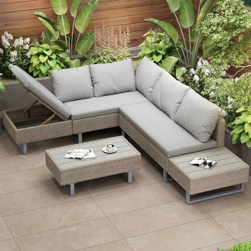 Laxnb Garten Lounge Möbel Poly Rattan Gartenmöbel Set, Balkonmöbel, 4-5 Sitzer L-Form Ecksofa mit Tisch, Gartenlounge Outdoor Patio Terrasse Balkon Möbel, Sitzgruppe Sofa Lounge mit Kissen (Khaki)