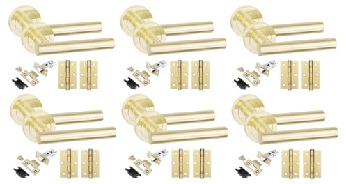 Golden Grace 6 Set T-Bar Door Handles with Latch & Hinges, Satin Brass | Complete set with 3 ball bearing hinges and a 63mm tubular latch, mounted on a rose base for a secure, sturdy interior grip.