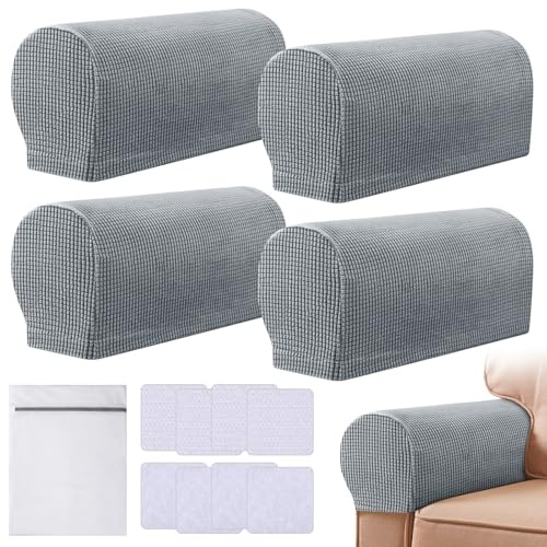 Armrest Chair Covers, Set of 4 Stretch Armchair Covers for Arms Anti-Slip Furniture Protector with Laundry Bag, Machine Washable Arm Chair Sleeves, Armrest Cover for Sofa Couch Recliner, Light Grey