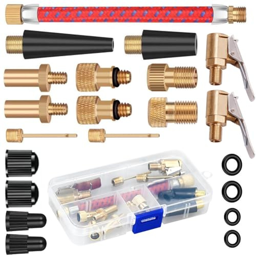 Ventiladapter Fahrrad Set, 21 Stück Alle Fahrrad Fahrradventil Adapte, Autoventil Adapter und Französisches Ventil Adapter mit Sortierbox, Luftpumpe, Ballnadel und Kompressor Ventiladapter