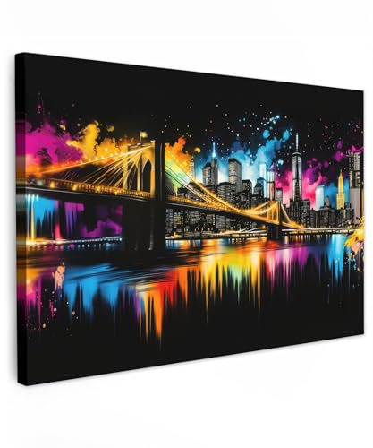 MuchoWow© Leinwand Bilder Groß 120x80 cm XXL Wanddeko Wohnzimmer Aesthetic Room Decor Deko Zimmer Wandbilder Modern Bild auf Leinwand Skyline - Brücke - Beleuchtung - Farben