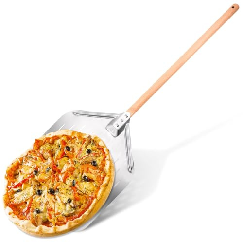 Pizzaschieber Edelstahl mit Holzgriff, 30,5 x 39 cm Pizzaschaufel Abnehmbarem Griff, Edelstahl Pizza Schieber für Ofen Grill, Robuste Pizzaschieber für Pizzaofen, Brotschieber, Pizzawender (90cm A)