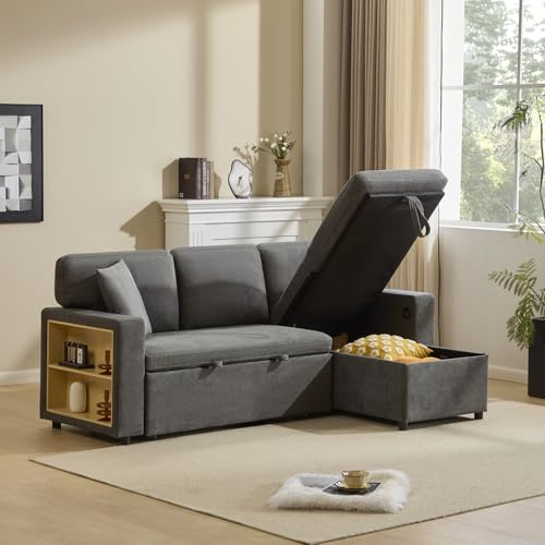 Gxffipw Schlafsofa Ecksofa mit Schlaffunktion und Bettkasten, Schlafcouch mit integriertem Regal und Stauraum, L Form Schlafsofa Ausziehbar mit USB, Sofabett 131x214x87 cm, Oxford Fabric, Dunkelgrau