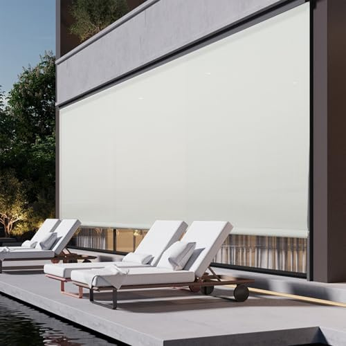 Cordless Crank Operated Child Safe Roller Outdoor Exterior Solar Sun Shade Patio Blinds for Patio Cordless Privacy Screen for Porch Pergola Balcony,White,96 W × 96 H