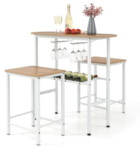 COSTWAY Bbord med barstolsset, 2 personer, barbord set med hållare för vinglas och flaskor, köksbänk, husbar för vardagsrum, matsal och kök (vit)