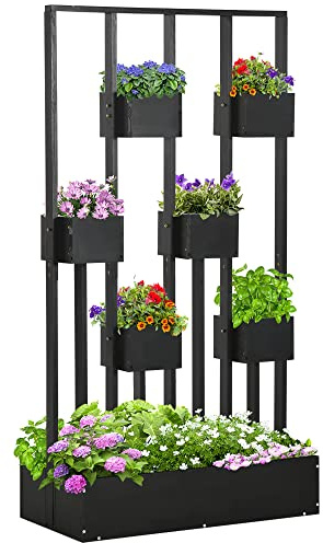 Outsunny Hochbeet mit Rankgitter Körbe Holz 90 x 45 x 170 cm Schwarz | Pflanzkübel, Pflanzkasten, Blumenkasten, für Garten Balkon Terrasse, Blumenkübel für Kletterpflanzen Korbpflanzen, Blumen
