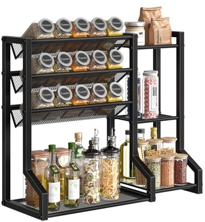 HOOBRO Spice Rack, 4-Tier Free Standing Spice Rack Organizer, Seasoning and Spice Jar Metal Storage Organizer, for Kitchen, Cupboard, Countertop, Black EBK48TL01