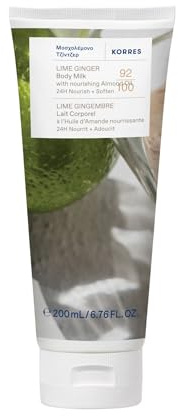 KORRES LIME GINGER Bodymilk mit pflegendem Mandelöl, pflegende Hautcreme mit zitrischem Limtettenduft & Ingwernoten, für 24h Pflege+Geschmeidigkeit, vegan, silikon- und parabenfrei, 200 ml