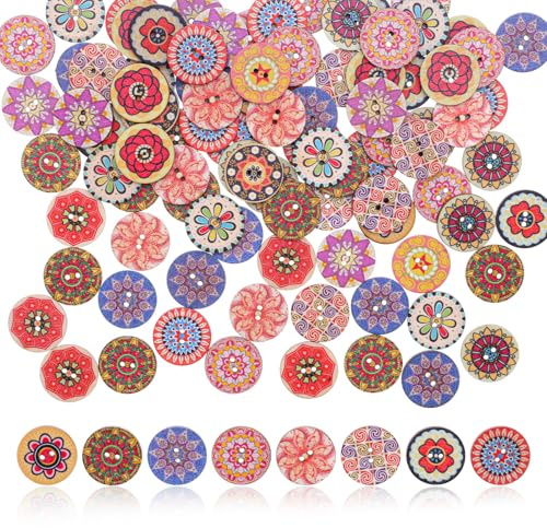 Ouligay 100 Stück Bunte Holzknöpfe Groß 25mm Vintage Knöpfe Bunt Knöpfe Groß Retro Harz Holzknöpf, Puppenknöpfe Multicolor Runde Holzknöpfe mit 2 Löcher zum Basteln, Nähen, Malerei, Handwerk, Deko
