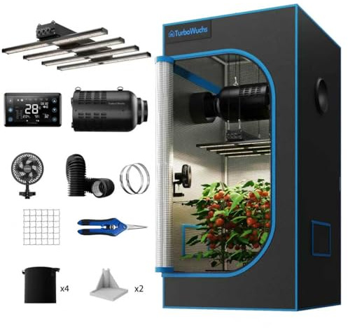 Turbowuchs Turbo3000 Growzelt Komplettset | Growzelt 90×90×180 cm mit Vollspektrum LED Pflanzenlampe (0–100% dimmbar) & Grow Ventilator 6 Zoll Abluftsystem