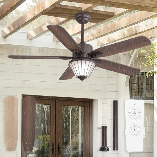 52 Inch Waterproof Outdoor Ceiling Fan with Lights, IP65 Waterproof, Remote Control, 6-Speed Quiet DC Motor, 5 Dual Finish Blades, Gazebo Plug in Ceiling Fan for Patios Porch Pavilion(Oil-Bronze)