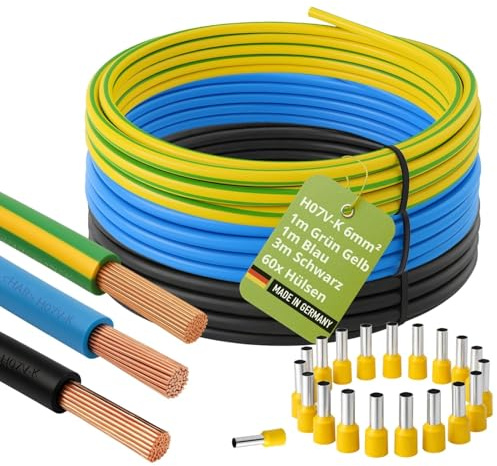 H07V-K - Juego de cables de cableado (6 mm², 1 m, 1 m, color azul y verde y amarillo + 3 m de color negro con 60 casquillos, incluye comprobador de fases (1-1-3 m)
