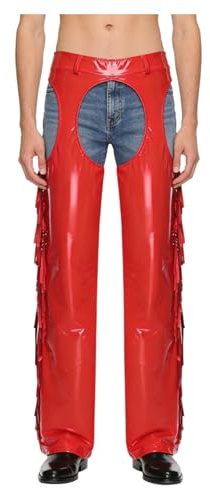 JanJean Men's Glossy Wide Leg Chaps Hollow-Out Crotch Thighs Shiny Tassel Side Seams Clubwear