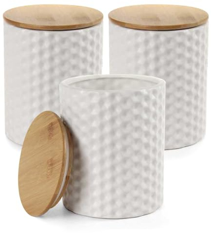 MA MAISON Set 3 Barattoli di Ceramica - Tappo in Legno, Ermetico, Rilievo, Decorati, Bianco, Nero, Marmo, Minimalista, Cucina, Contenitori Spezie, Sale, Zucchero, Caffè (Bianco, 13 x 17 cm)