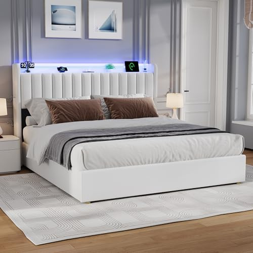 Xwiny Upholstered Double Bed with Storage, 4FT6 Ottoman Bed with LED-Lighting & USB-Type-C, Storage Bed with Hydraulic and Concealed Headboard Storage, PU, White, 135x190 cm (No Mattress)
