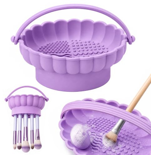 Pinkiou Tapis de Nettoyage en Silicone, Nettoyeur Pinceau Maquillage Silicone 3 en 1, Tapis de Nettoyage pour Pinceaux, Éponge et Blender, Support Séchage et Organisateur, Violet