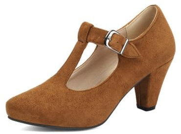 Zapatos tradicionales para mujer, elegantes, lisos, de ante Mary Jane con tiras en T, tacón en bloque, cómodos, antideslizantes, suaves, ligeros, para fiesta, noche y uso diario, 8 amarillo, 39 EU