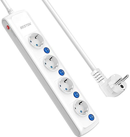 BESTEK Ciabatta Multipresa con 4 Prese, Ciabatta Elettrica con 4 Interruttori Indipendenti LED, Presa Multipla Protezione da Sovratensioni(3600W/16A, Cavo da 1,8m H05VV-F 3G 1,5), Bianco