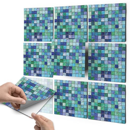 Klebefolie Fliesen-Mosaik I Fliesenaufkleber für Badezimmerfliesen und Küchenrückwand I Fliesenbilder - Kacheldekor - Fliesenposter I 15x15 cm - Motiv Mosaik Grün-Blau - 18 Stück
