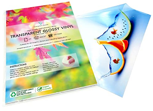A4 Transparent Clear Self-Adhesive Sticker Vinyl Paper | 20 Sheets | Inkjet Printable | Compatible with Cricut | Sticky Back Transparency Film | Personalised Sticker Labels | Not Waterproof