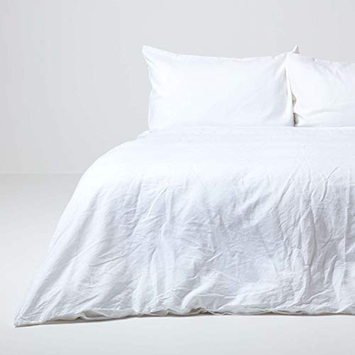 HOMESCAPES Parure de lit en Lin lavé avec Housse de Couette 240x220 cm et 2 taies d'oreiller 80x80 cm, Coloris Blanc