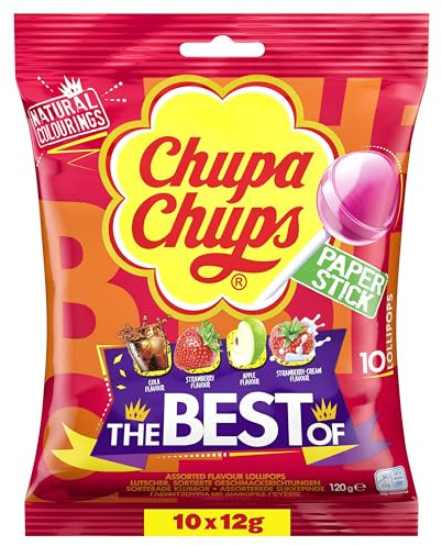 Chupa Chups Best of Lecca-lecca-lecca contiene 10 lollis nei 4 gusti di cola, fragole, mela, crema di fragole, adatto per compleanno, 10 x 12 g
