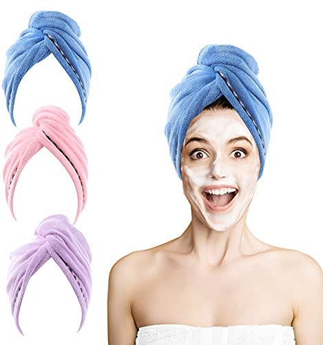 ROSSHINE Microfaser Handtücher für die Haare, 3 Stück 65x25cm Haarturban Weiches und Anti-Frizz Turban Handtuch mit Knopfdesign Superabsorbierender Schnell Trocknendes Haarhandtuch für Alle Haartypen