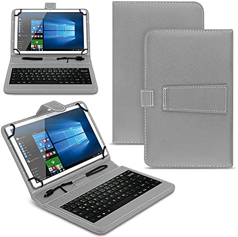 NAUC Tablet Hülle kompatibel für VALE Tablet V10E LTE-46 / V10A Tasche Tastatur Universal Schutzhülle Keyboard QWERTZ Layout, Farben:Grau