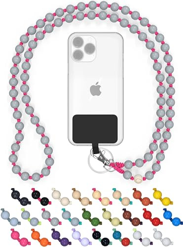 BEARFOOT Holzperlen Handykette universal 135 cm, handgefertigt (Pink Shark) | Schlüsselband zum Umhängen, kompatibel mit allen Smartphones, iPhone & Samsung, als Kette oder Necklace
