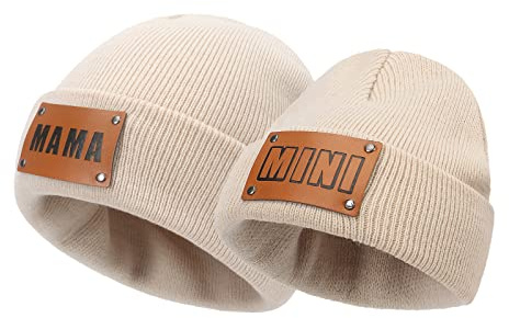 Asufegucd Cappello genitore-figlio 2 pezzi,Berretto a maglia da donna,Cappello Hiphop caldo per bambino,Berretto invernale in lana lavorato a maglia per madre e bambino,Cappello da sci, Beige, S/L